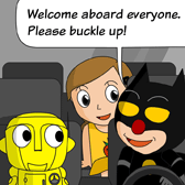 'Welcome abroad everyone. Please buckle up!' Ben said to Alice and Robo.