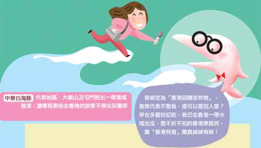 中華白海豚　　代表地區：大嶼山及屯門對出一帶海域　　強項：讓專程乘船去看牠的旅客不停尖叫驚呼