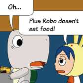 Monster: 'Oh…'
Rabbit: 'Plus Robo doesn't eat food!'