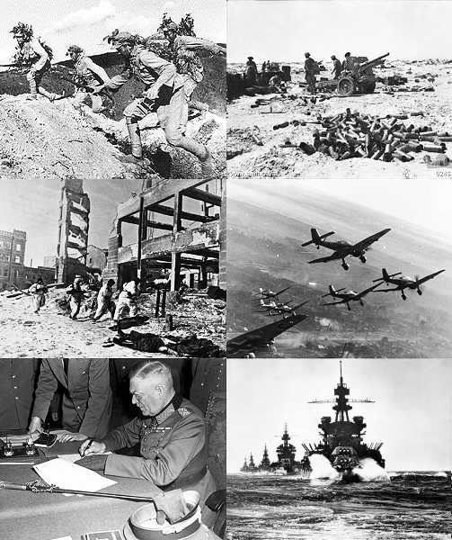 第二次世界大戰的戰爭場景（按上而下、左至右順序）： (1) 1938 中國萬家嶺戰役； (2) 1942 非洲阿拉曼戰役； (3) 1942-1943 蘇聯史太林格勒戰役； (4) 1943-1944 歐洲東線戰場上空的德國戰機； (5) 1945-05-09 德國在柏林簽署《德國無條件投降書》； (6) 1945 菲律賓仁牙因灣戰役。