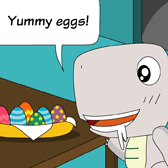 There were 6 Easter eggs on the dining table. 'Yummy eggs!' Monster was drooling over the colourful eggs.