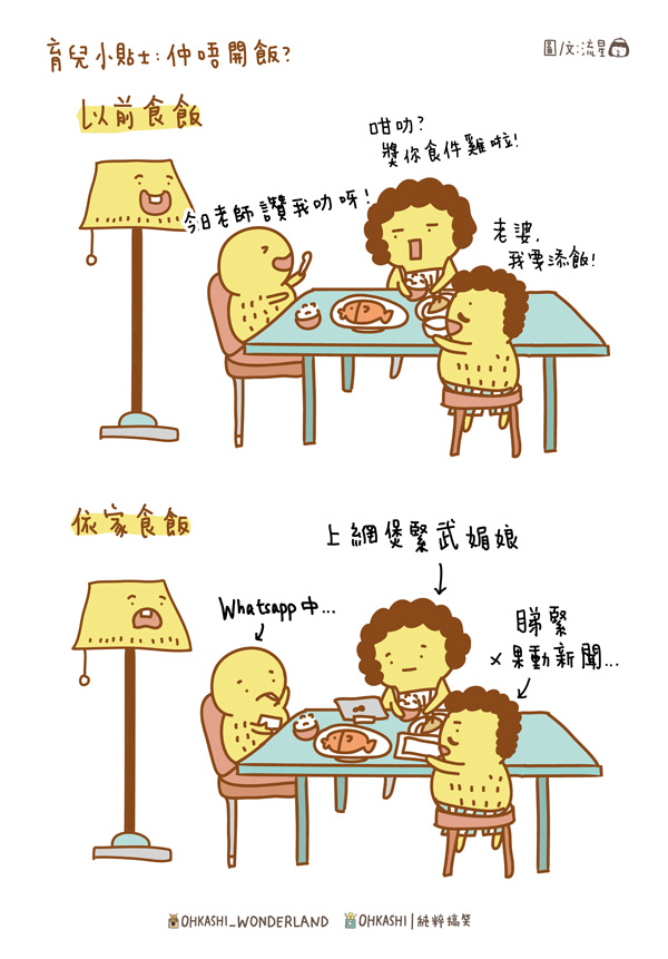 以前食飯：今日老師讚我叻呀！咁叻？奬你食件雞啦！老婆，我要添飯。   依家食飯：阿仔Whatsapp中，阿媽上網煲刻，老豆睇緊動新聞